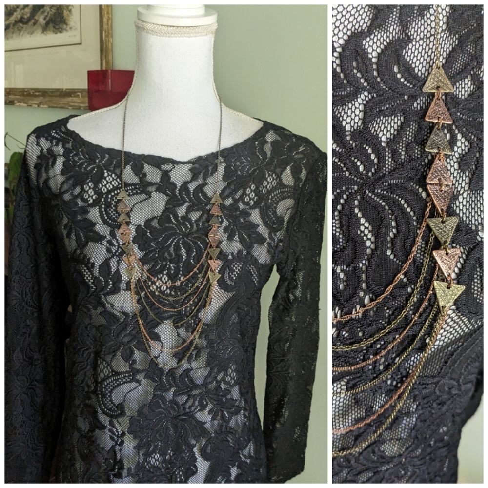Draped Triangle Mixed Tone Metal Necklace Long Length Light Weight